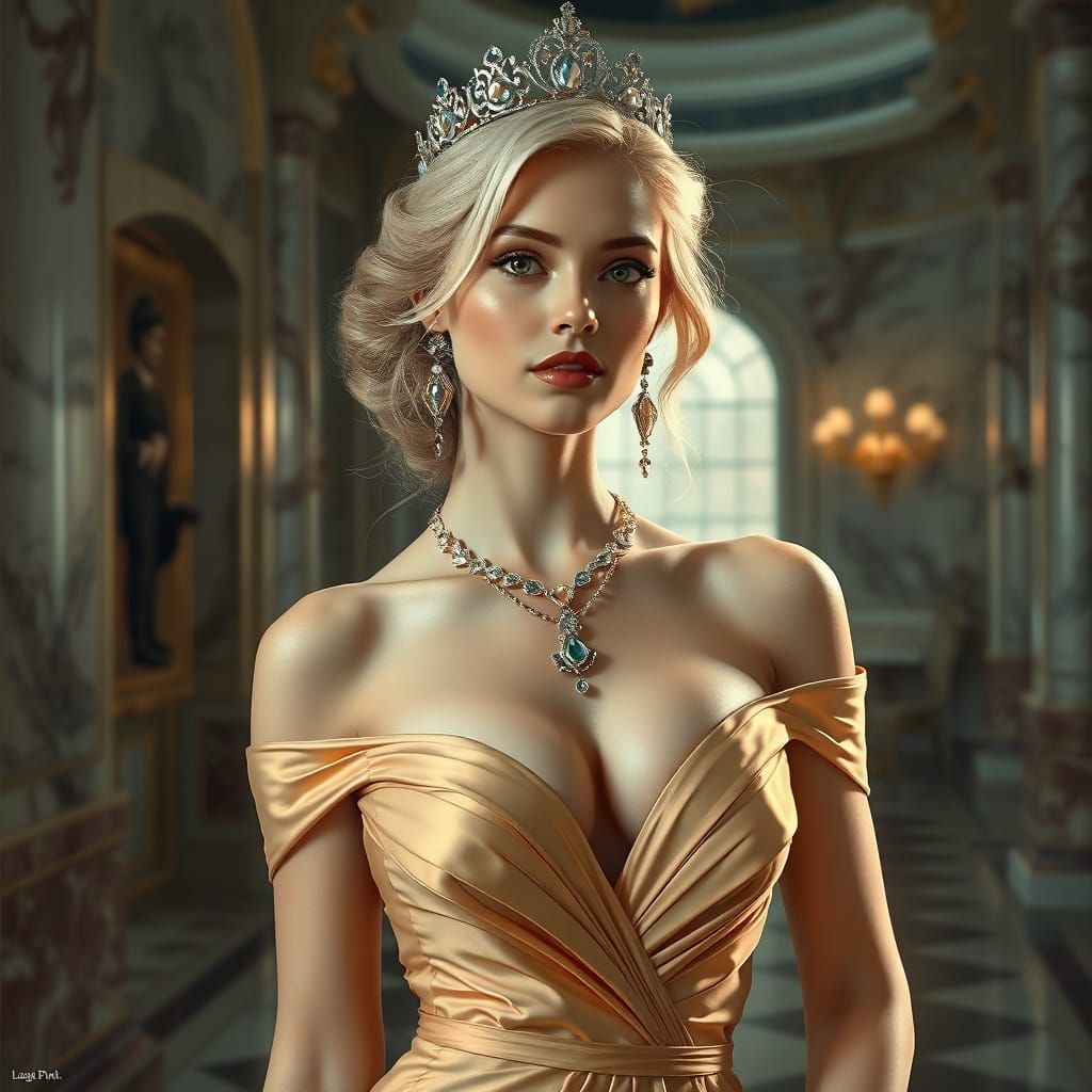 Elegant Blond Woman in Marble Palace, Hyperrealistic Style