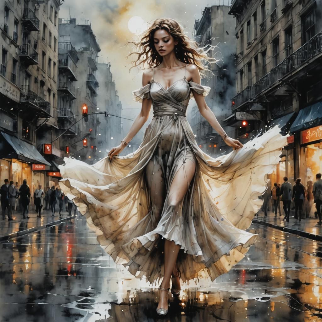 Midnight Dancer in Flowing Dress: Surreal Watercolor Art