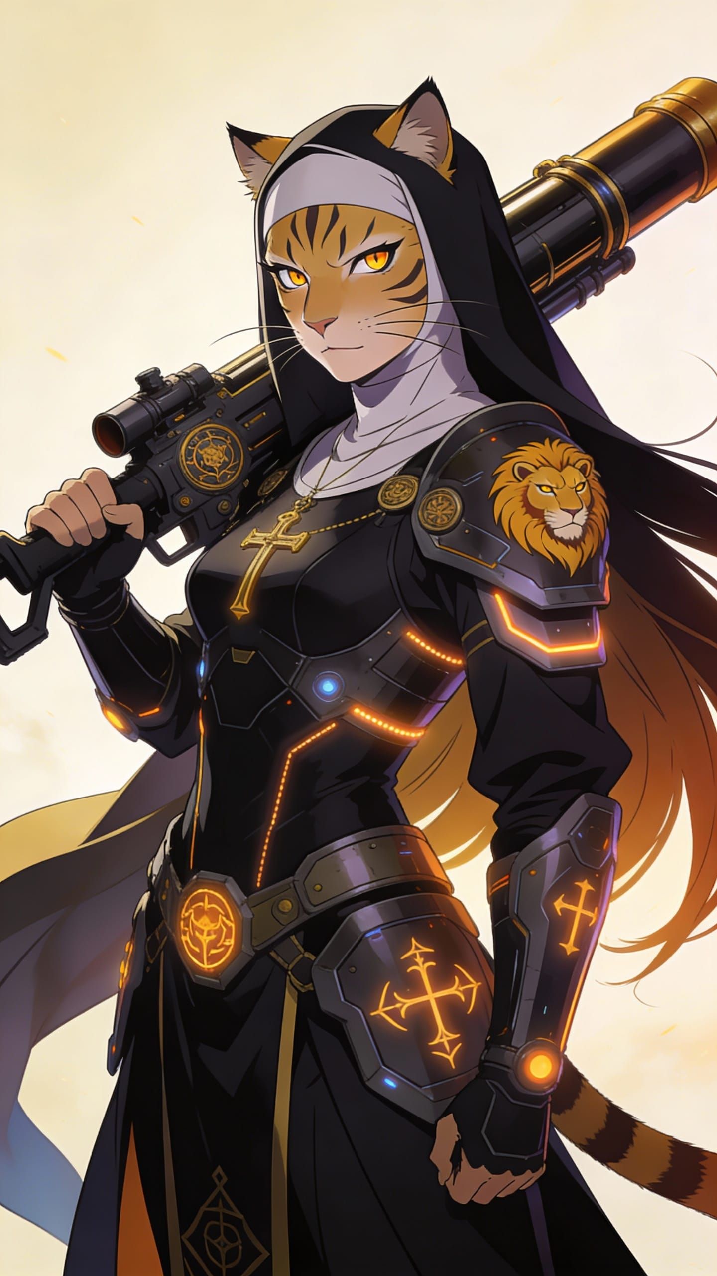 Anime Warrior Nun with Futuristic Armor and Bazooka