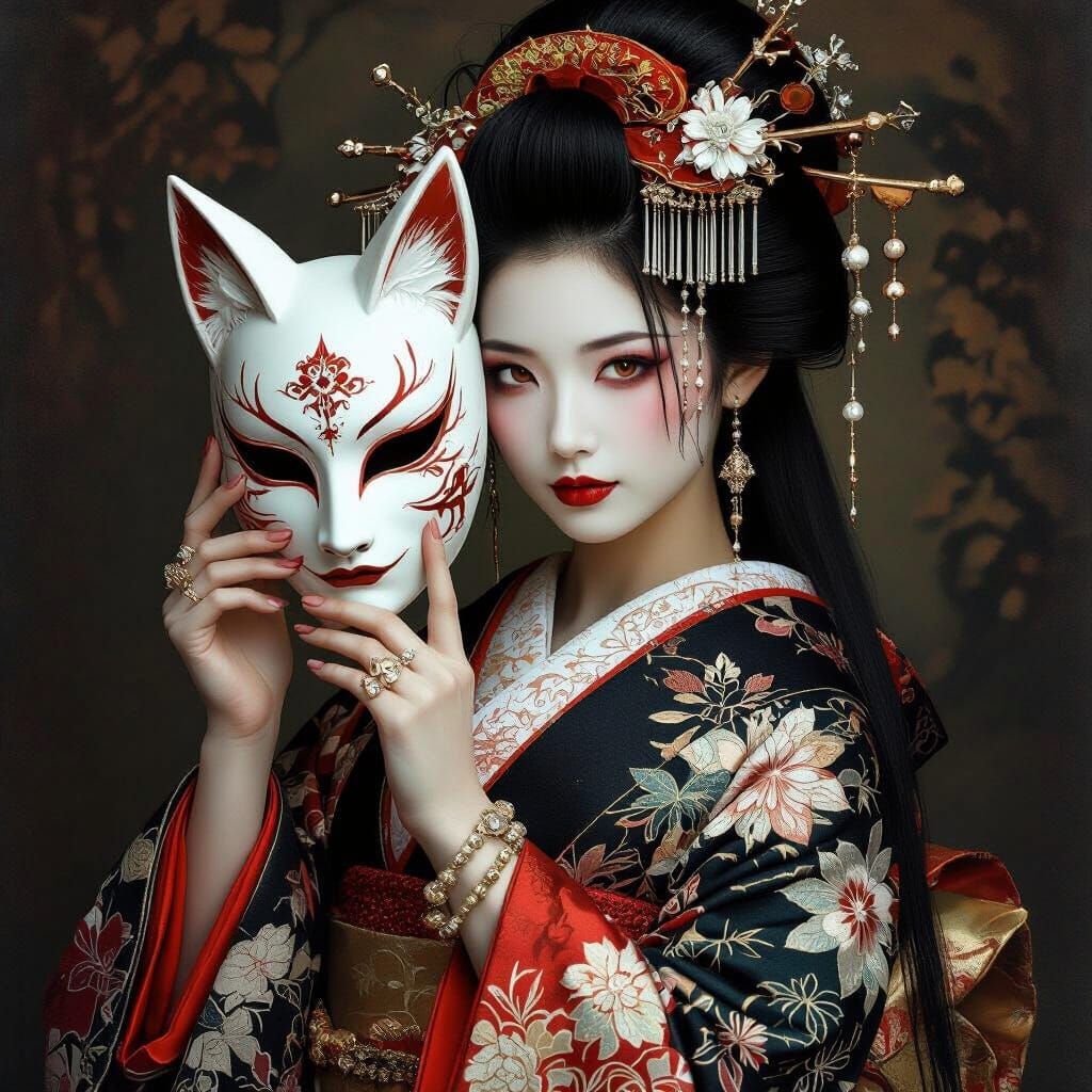 Ethereal Kitsune Geisha Portrait in Dark Fantasy Style