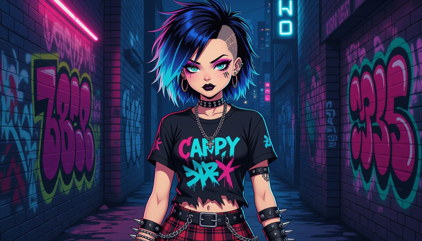 Punk Girl with Asymmetrical Hairstyle in Pop Art Style