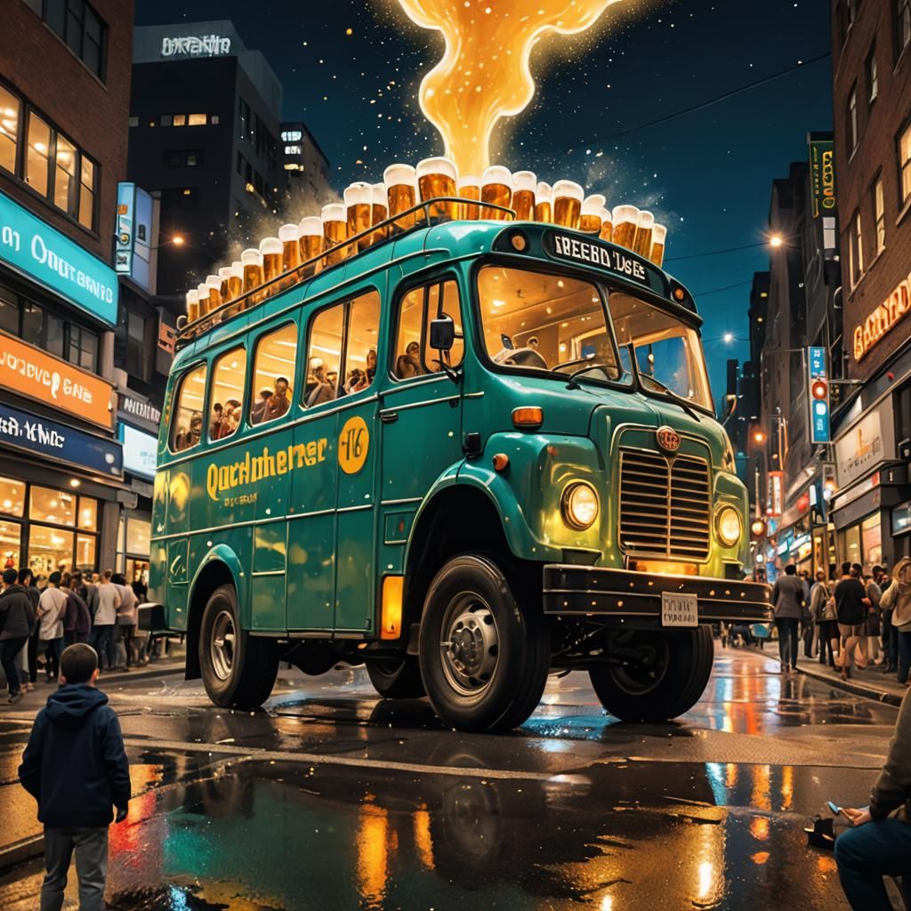 Beer Mug Bus Through Glowing Cityscape
