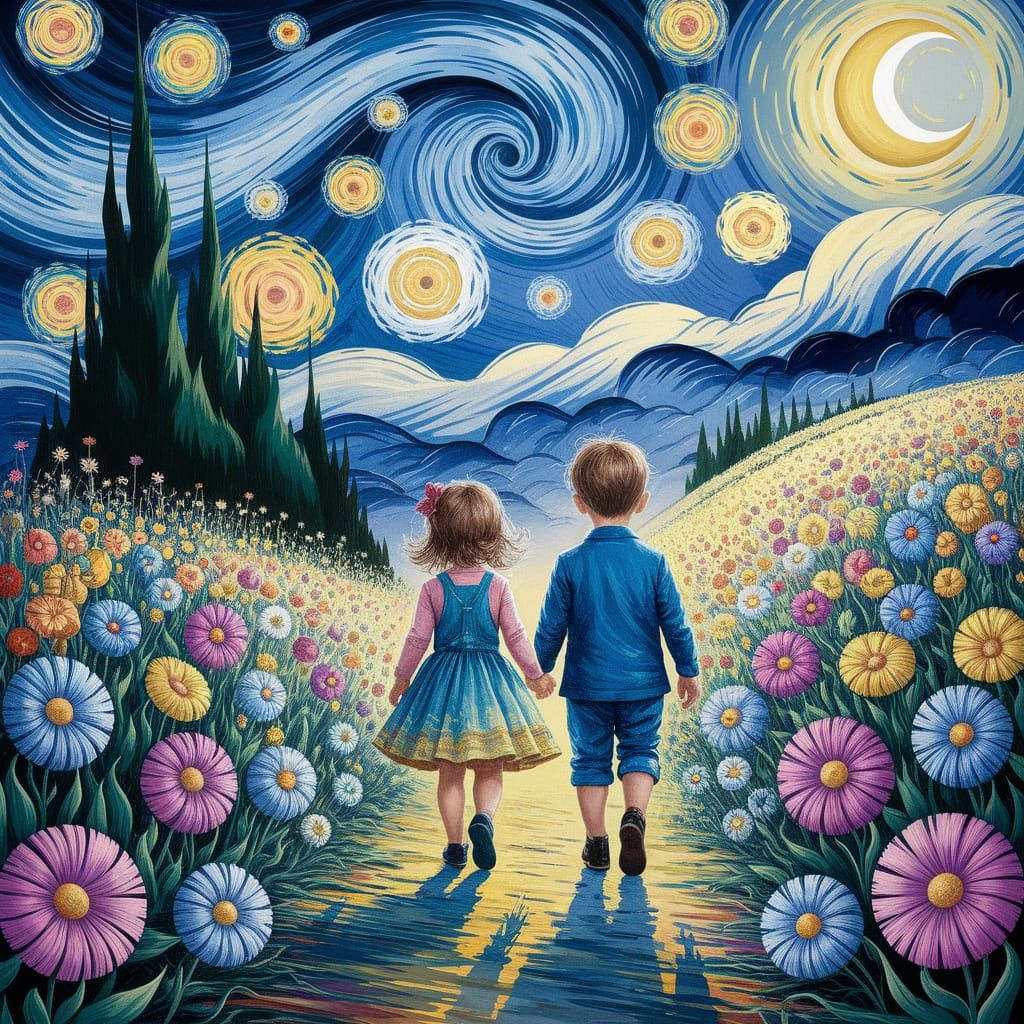 Whimsical Starry Night-Inspired Children Walking Through a F...