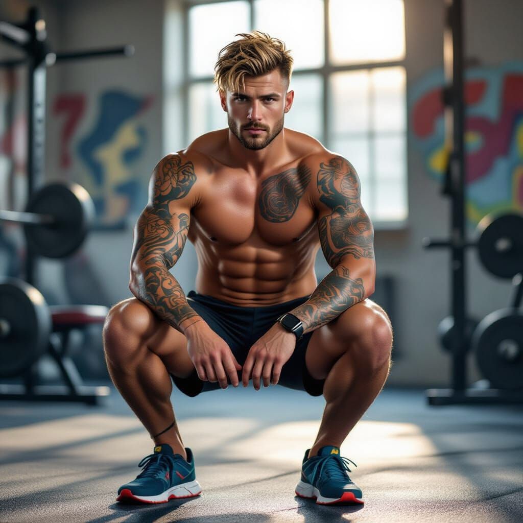 Athletic Man Working Out in Gym, Vibrant Splash Art
