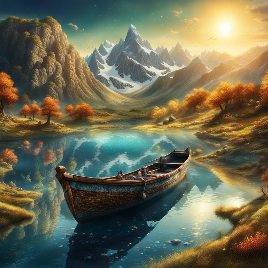 Picturesque Lake with Boat and Mountains in Sunlight