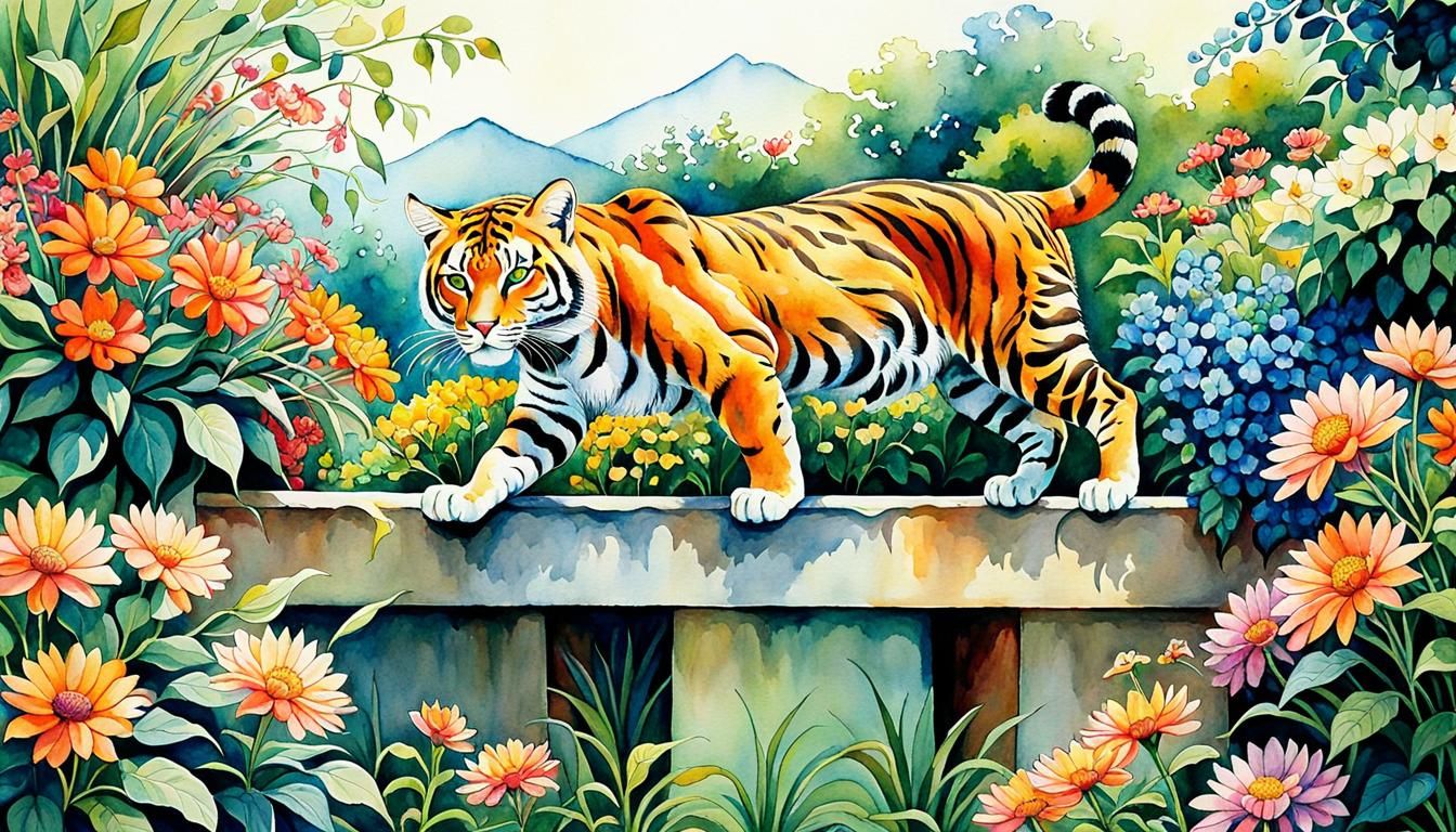 Big Cat Stretches in a Flower Garden: Watercolor Painting