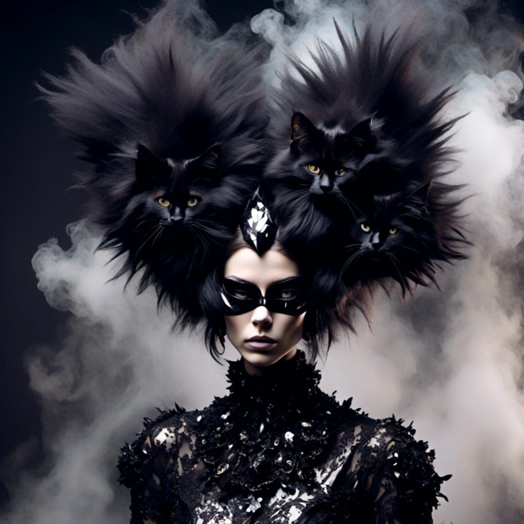 Two Black Cats Portrait in Smoky Metallic Style