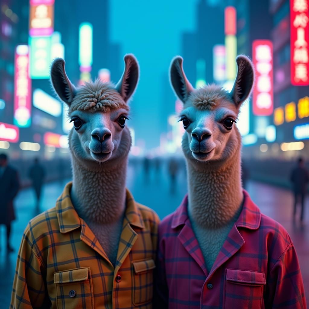 Llamas in Cyberpunk Metropolis with Neon Lighting