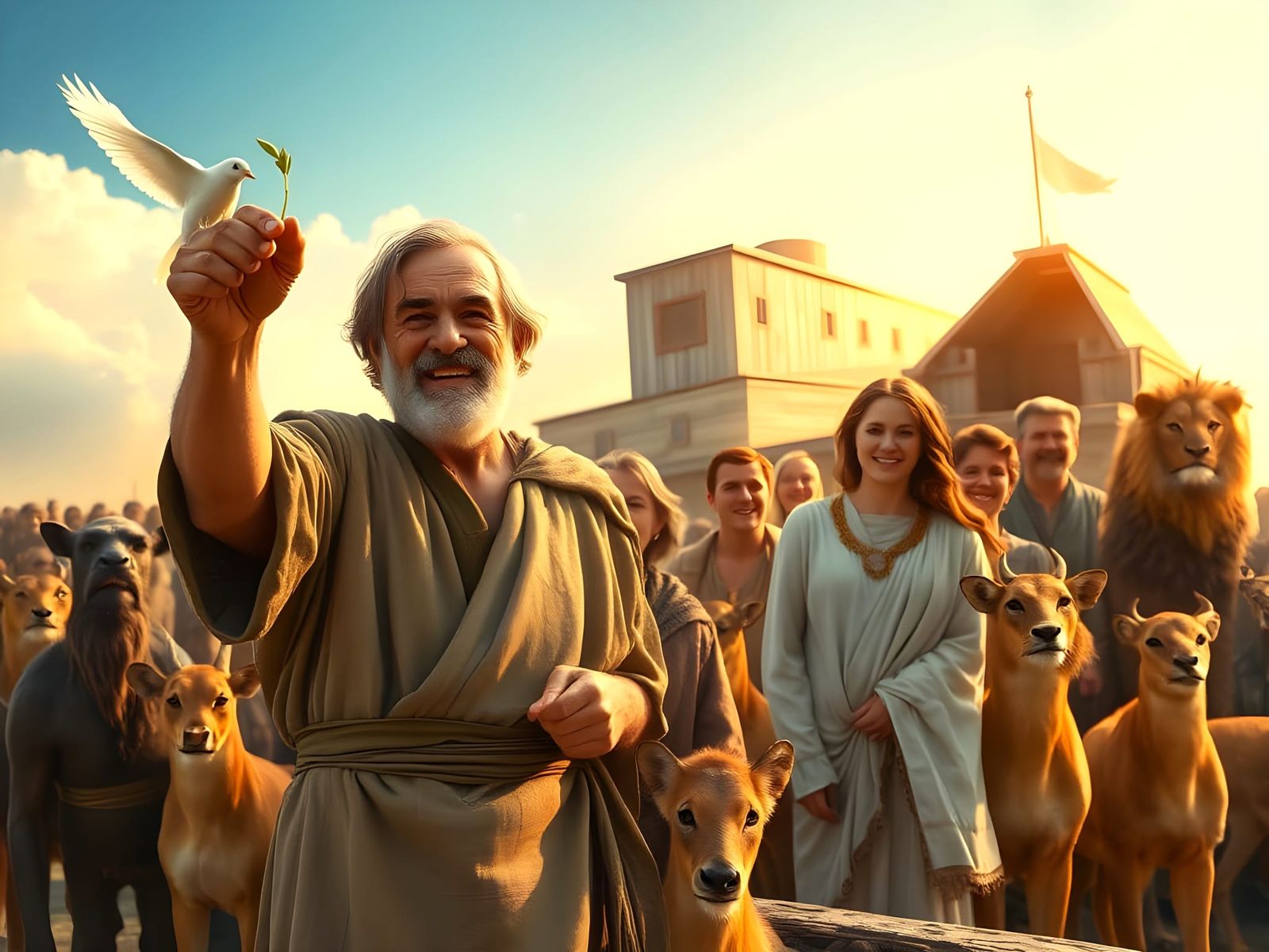 Joyful Noah Receives Olive Branch in a Vibrant Biblical Scen...