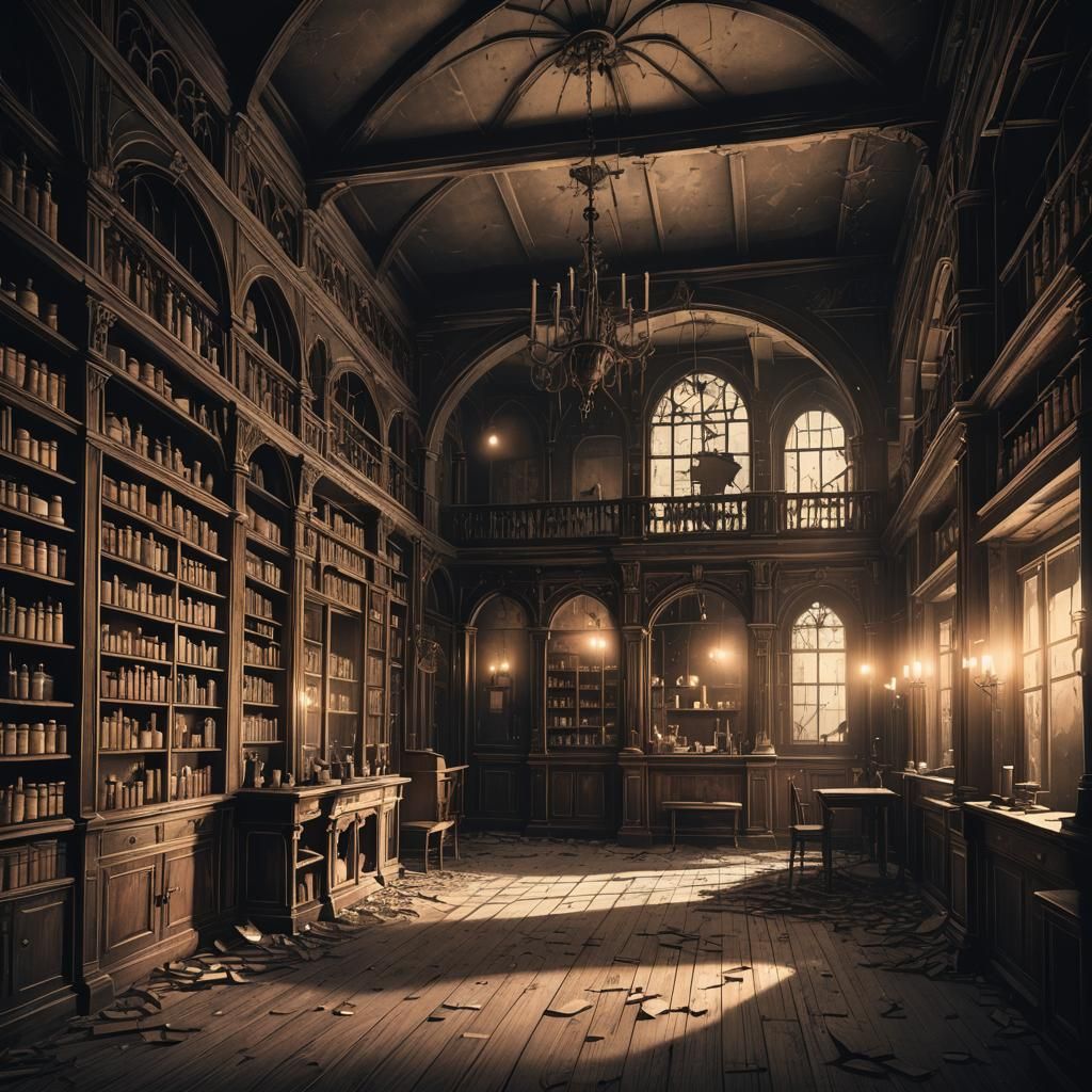 Eerie Gothic Pharmacy Interior in Victorian Style