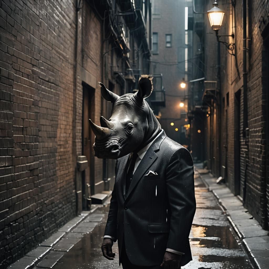 Rhinoceros in Suit: Film Noir Alleyway Scene