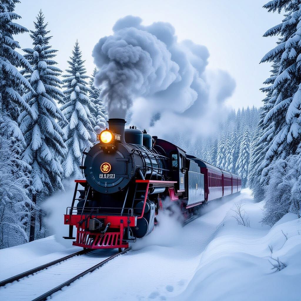 Crimson Steam Train Through Snowy Forest Landscape