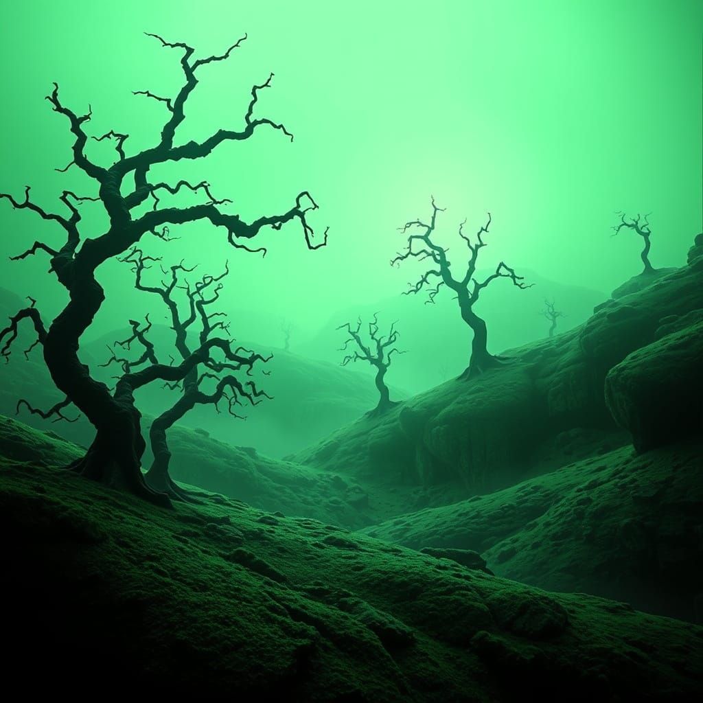 Surreal Emerald Landscape in Monochrome