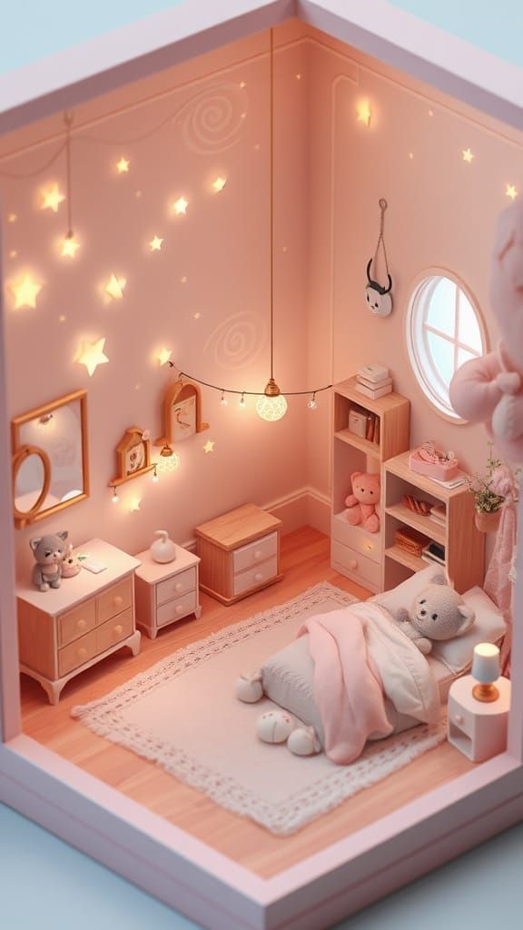 Whimsical Isometric Bedroom in Cozy Diorama Style