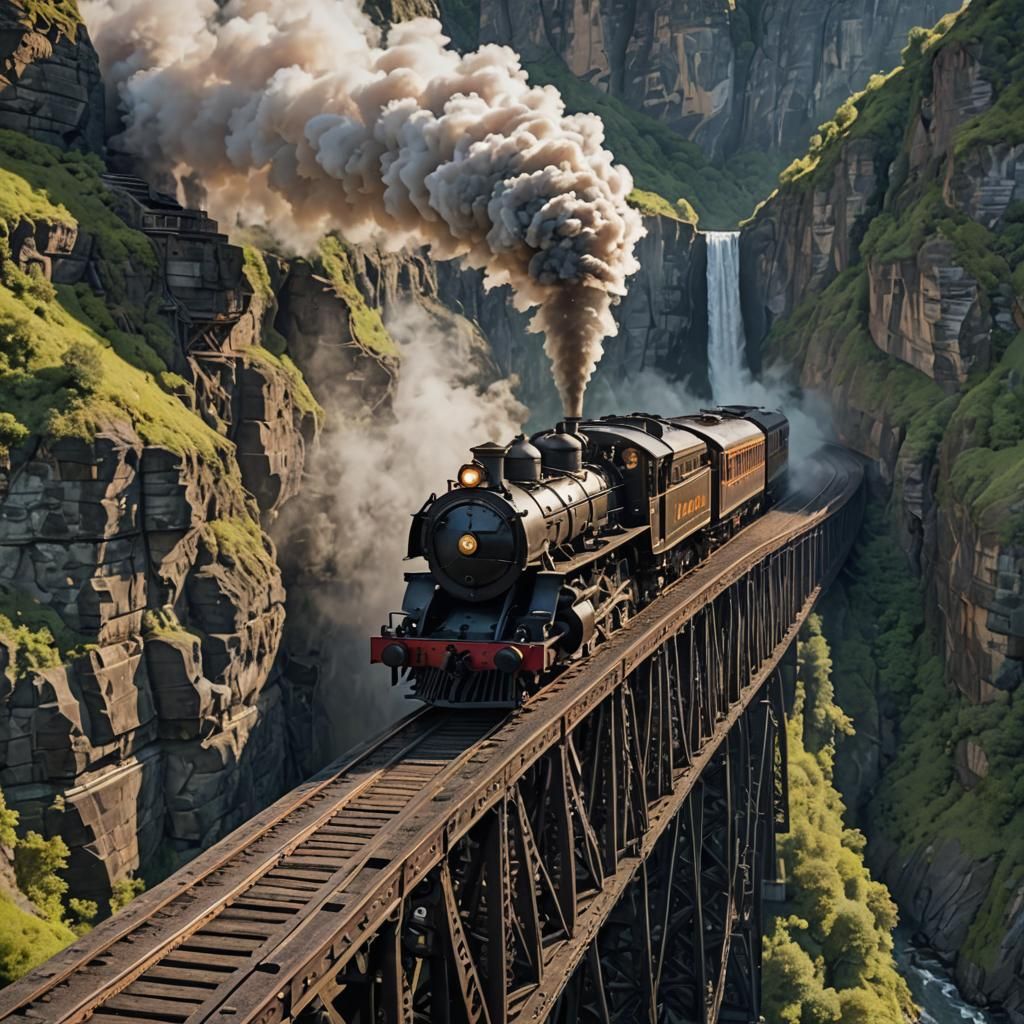 Detailed Steam Train on Steel Bridge at Sunset