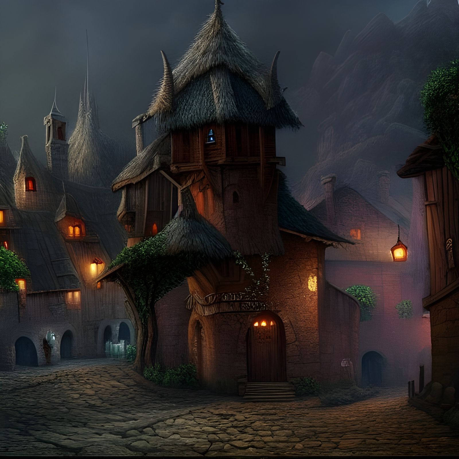 Fantastical Medieval Village Detailed Matte Painting