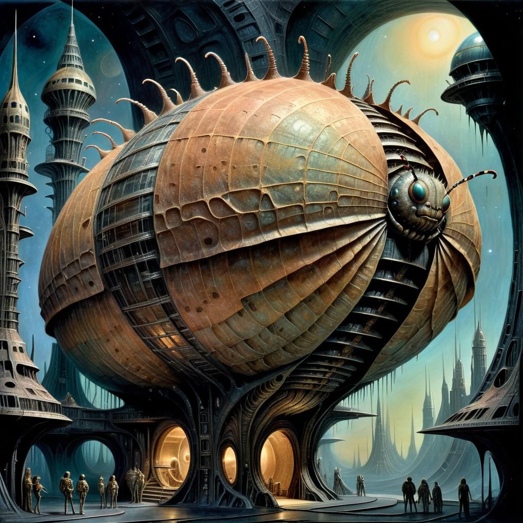 Bronze Starship Colony in Psychedelic Art Style