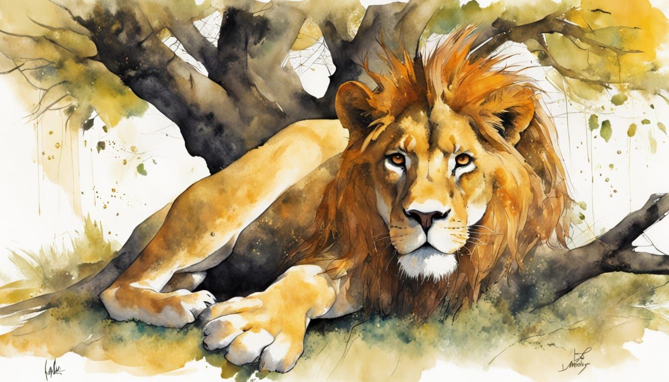 Lion Resting Under Tree in Amber Tones