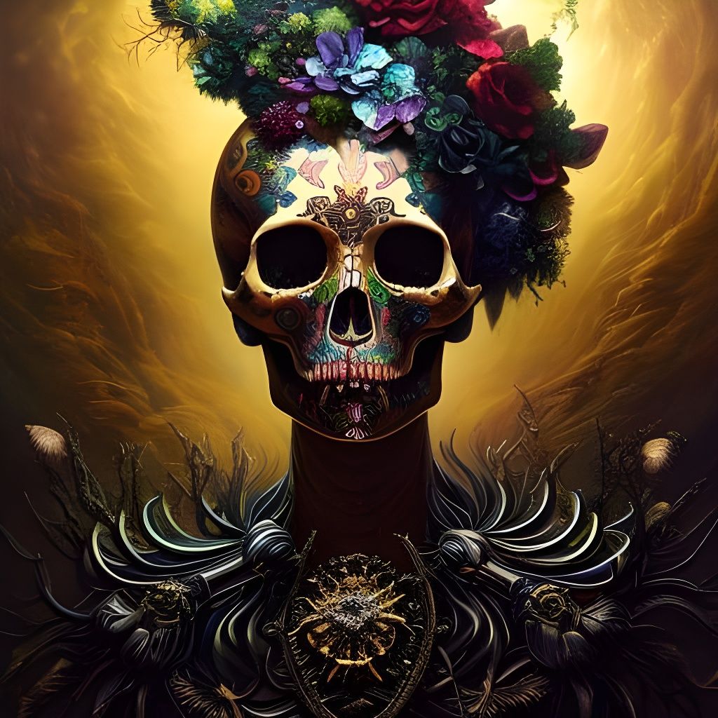 Iridescent Skull Portrait with Bioluminescent Flowers
