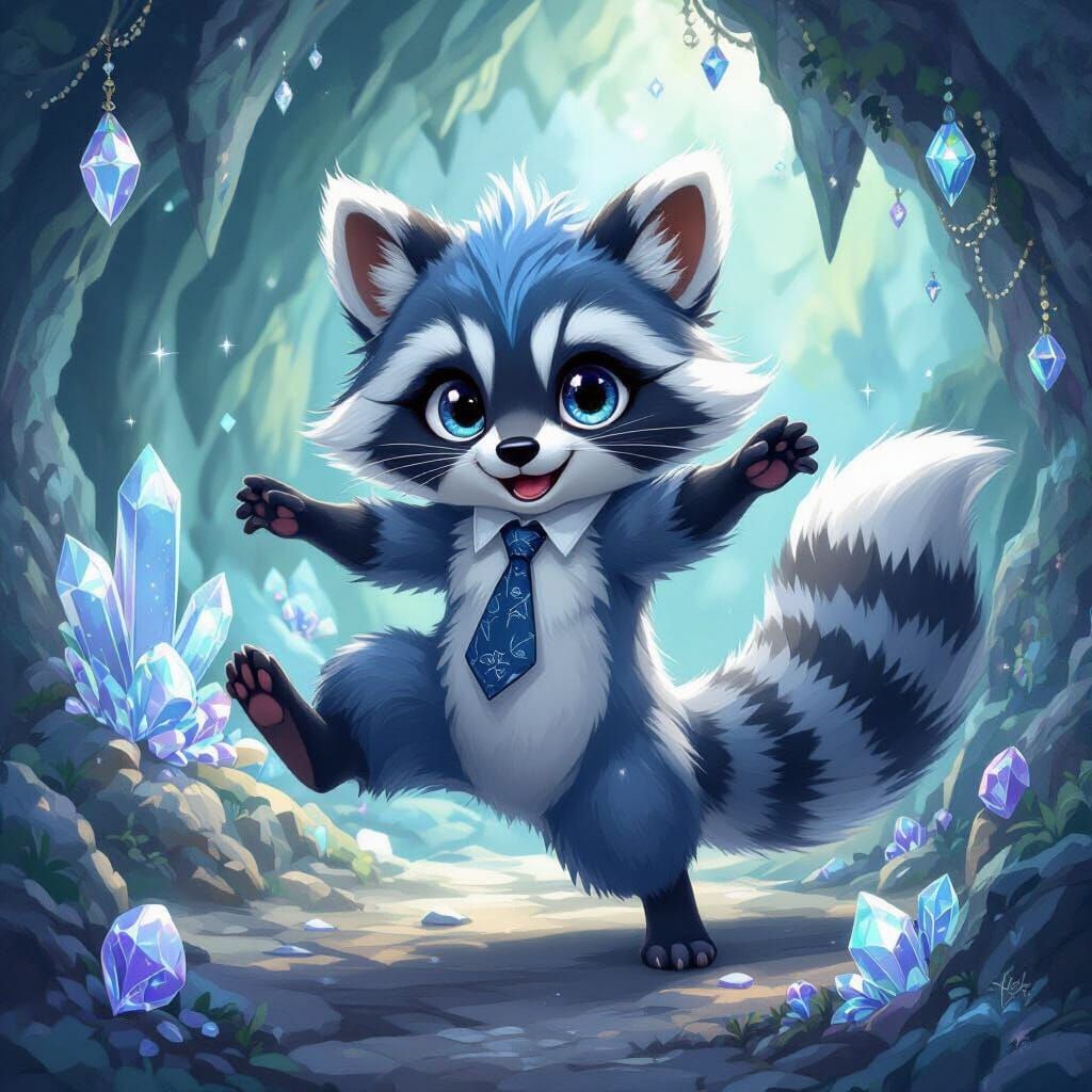 Indigo Raccoon Dragon in Crystal Cave, Art Nouveau Style