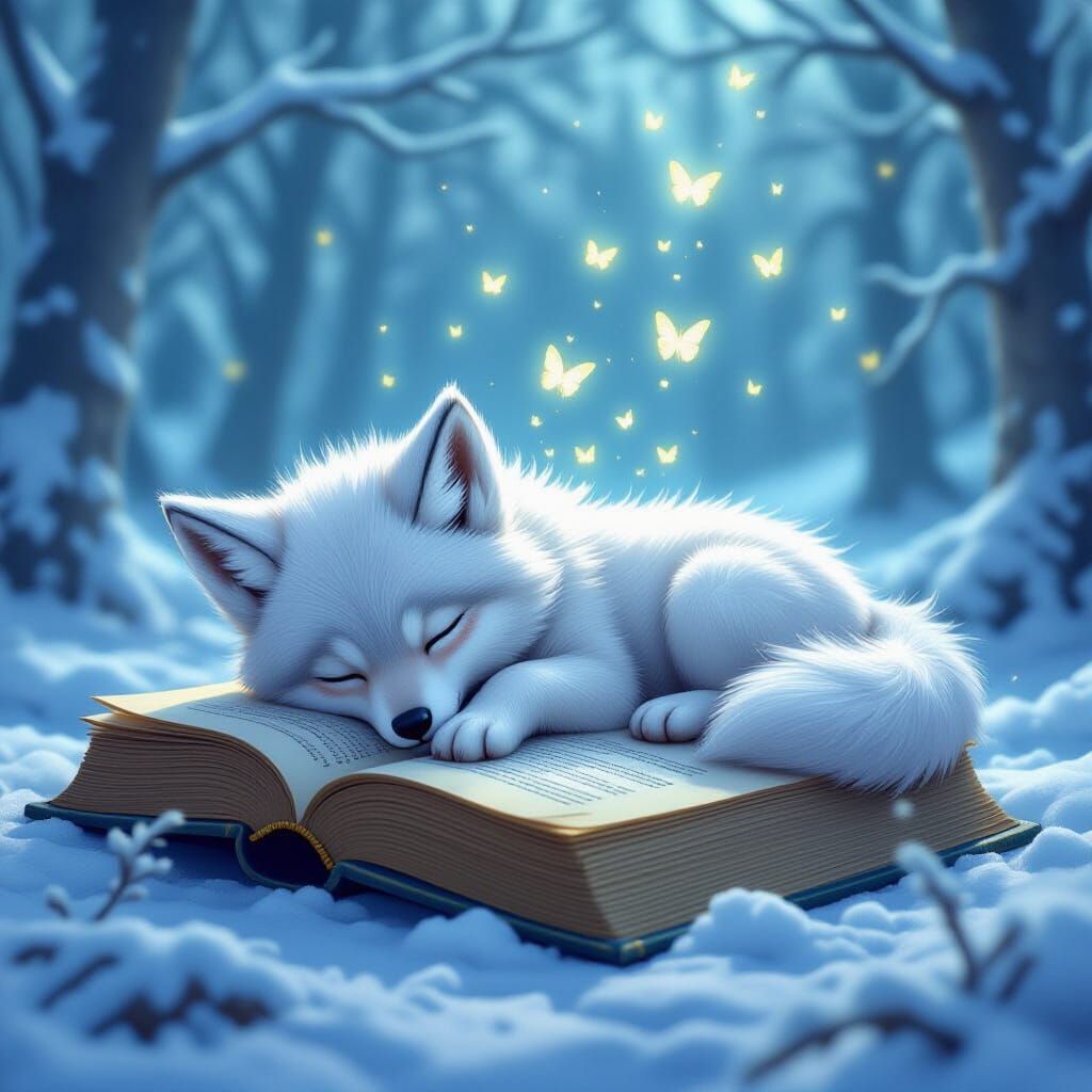 Whimsical Smoke Wolf Cub Sleeps on Ancient Book