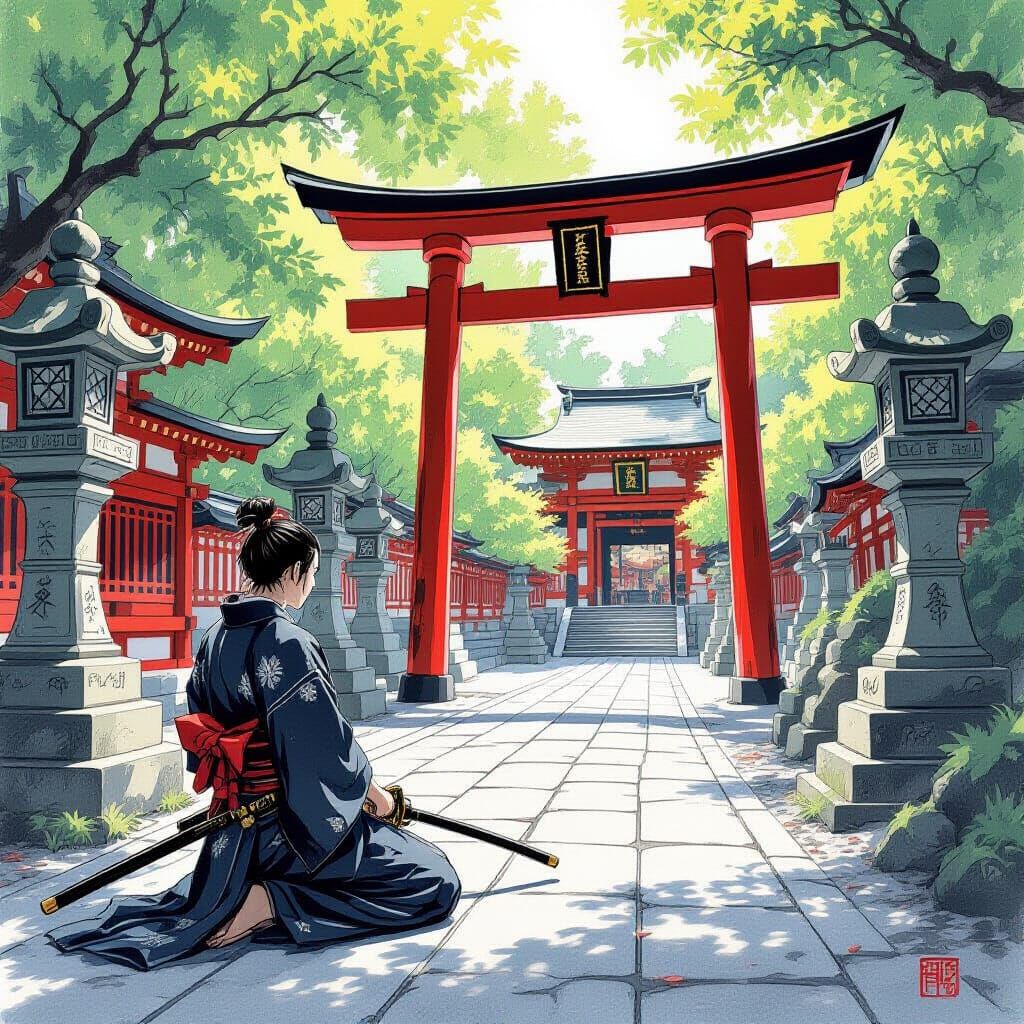 Samurai at Shinto Temple in Charcoal Drawing Style