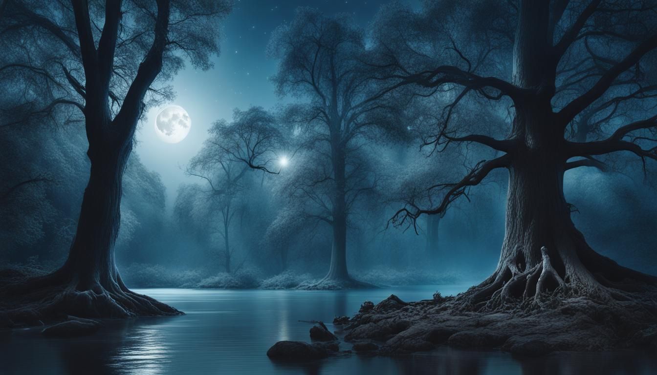 Dark forest scene with a river