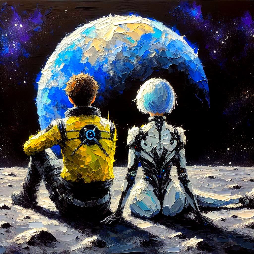 Cyberpunk Moonlit Couple Captured in Textured Impasto