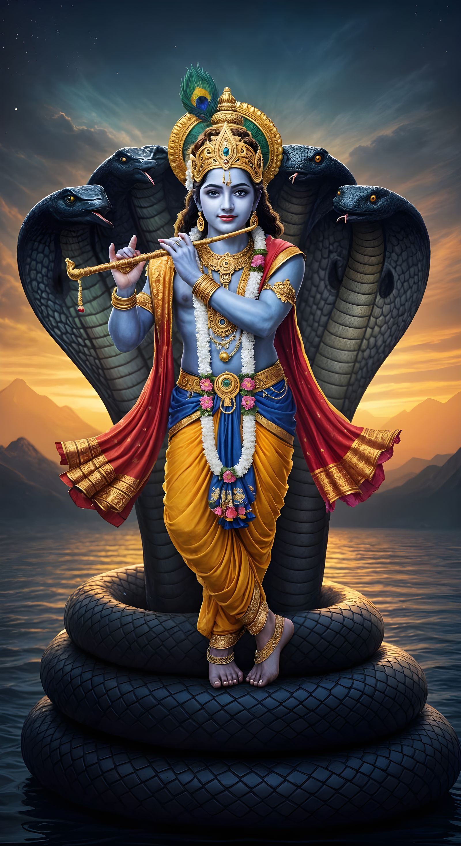 Krishna Playing Flute on Kaliya in Divine Scene