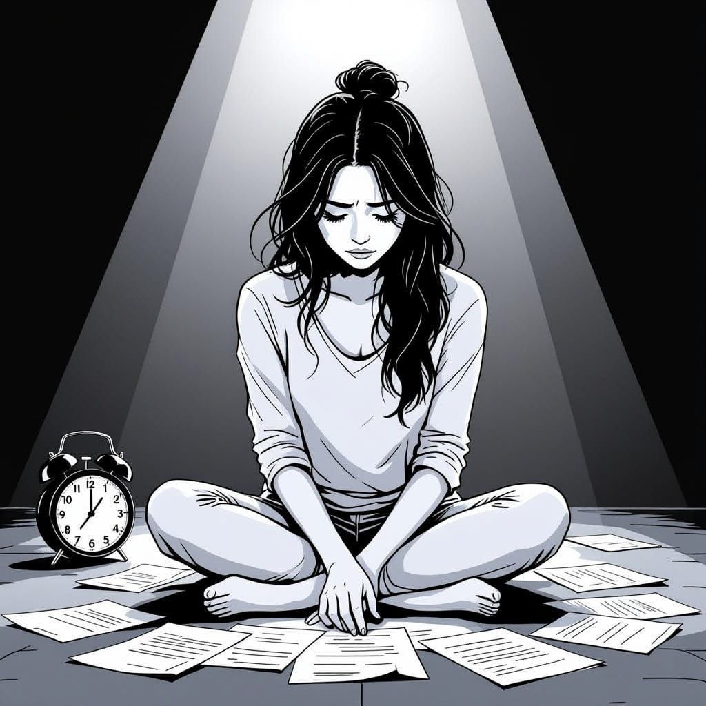 Tired Stick Figure Woman Amidst Scattered Papers