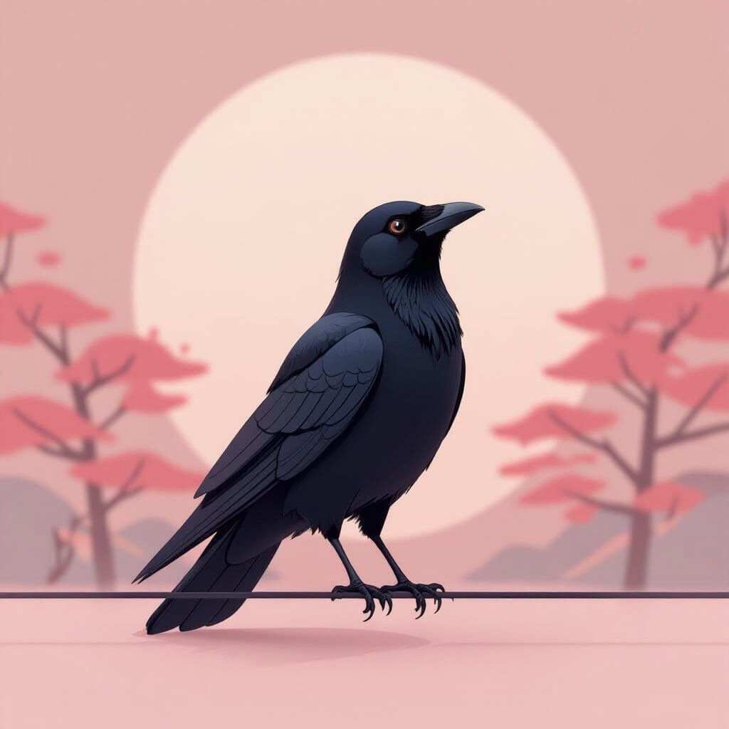 Solitary Crow in Minimalist 3D Anime Art