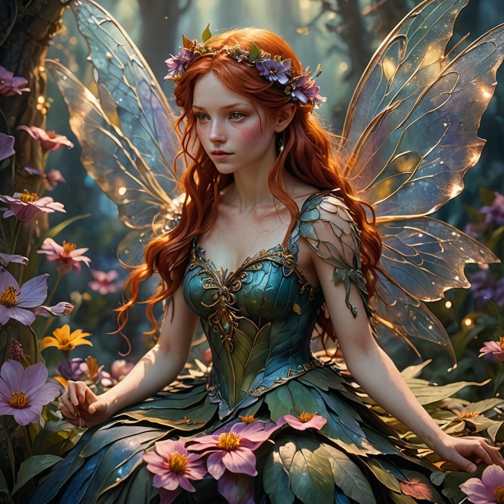 Redhead Fairy on Flower Petal: Fantasy Art