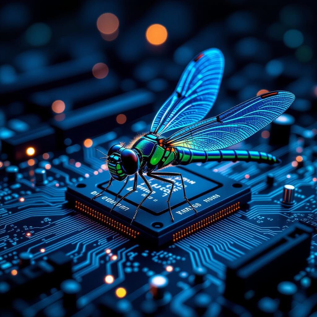Cybernetic Dragonfly on Motherboard Macro Photo