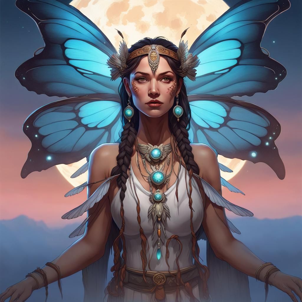 Butterfly-Winged Shaman-Angel in Starlit Night