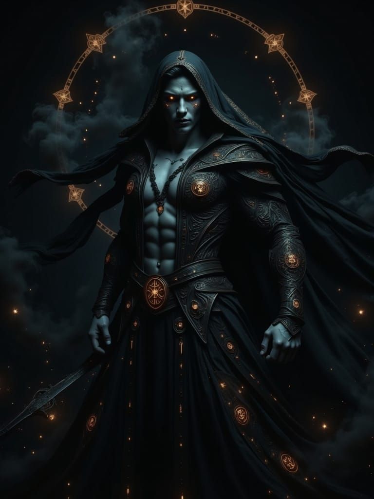 Mystical Warrior Wielding Obsidian Kamas with Radiant Runes