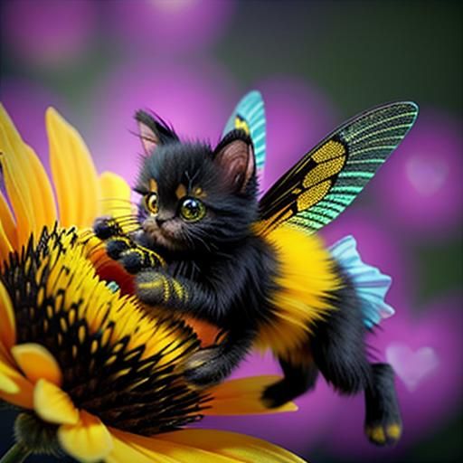 Adorable Fuzzy Bumblebee-Kitten Hybrid with Many Eyes