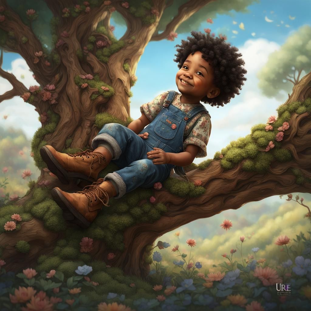Toddler in Tree, Sarah Kay Style Illustration