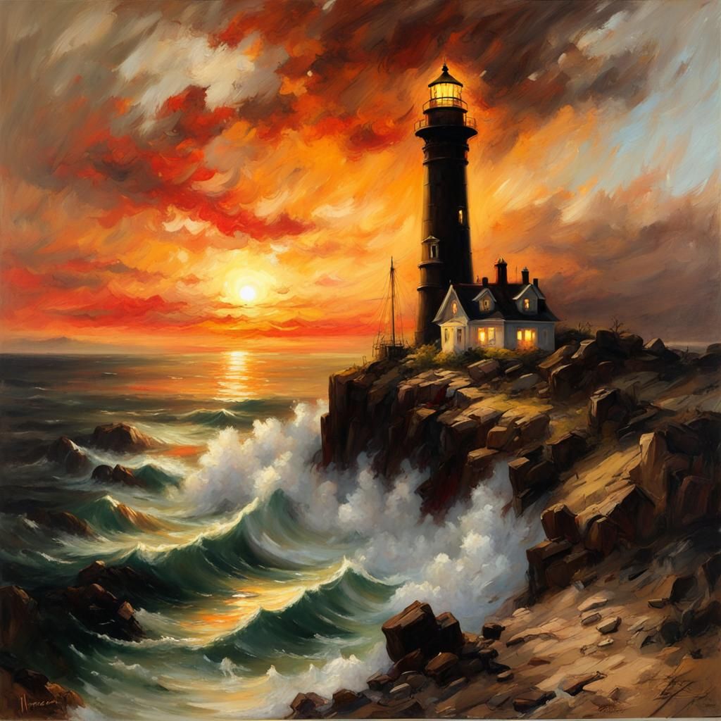 Lighthouse Sunset in Comic Noir Expressionism