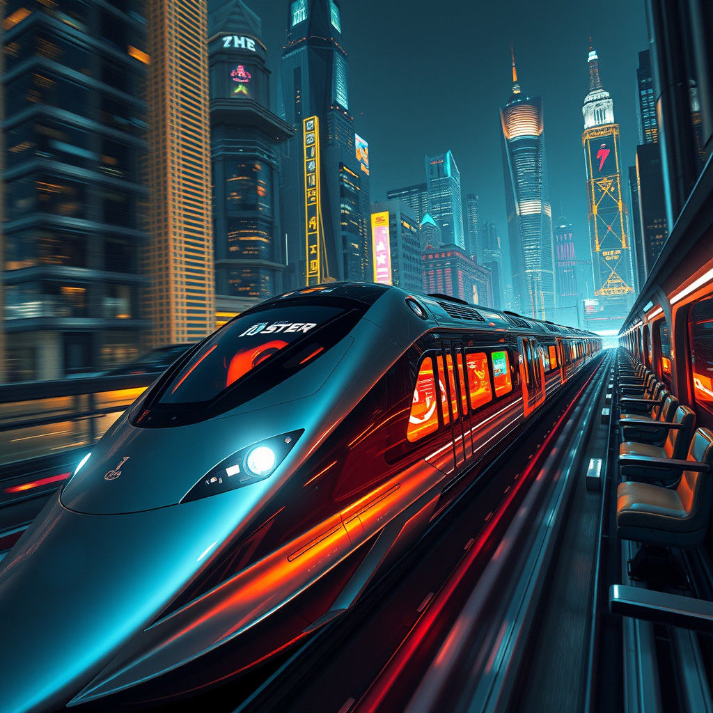 Futuristic Train Glides Through Neon Metropolis