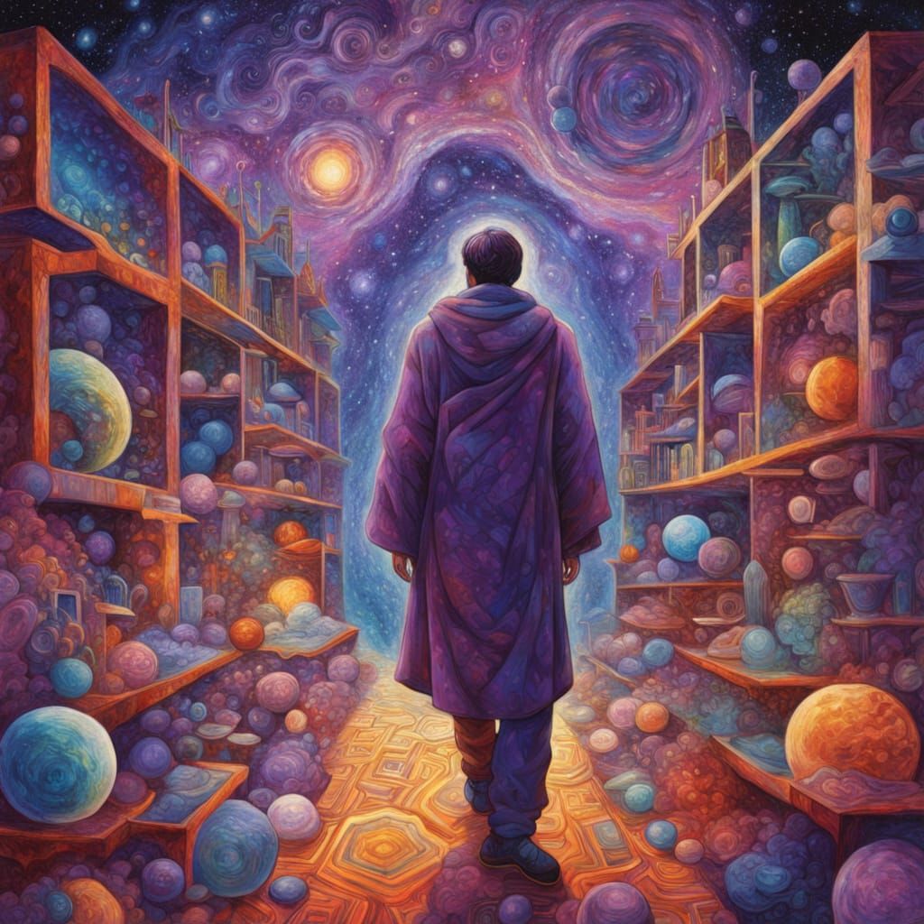 Cosmic Figure in Amethyst Library: Mixed Media Illustration