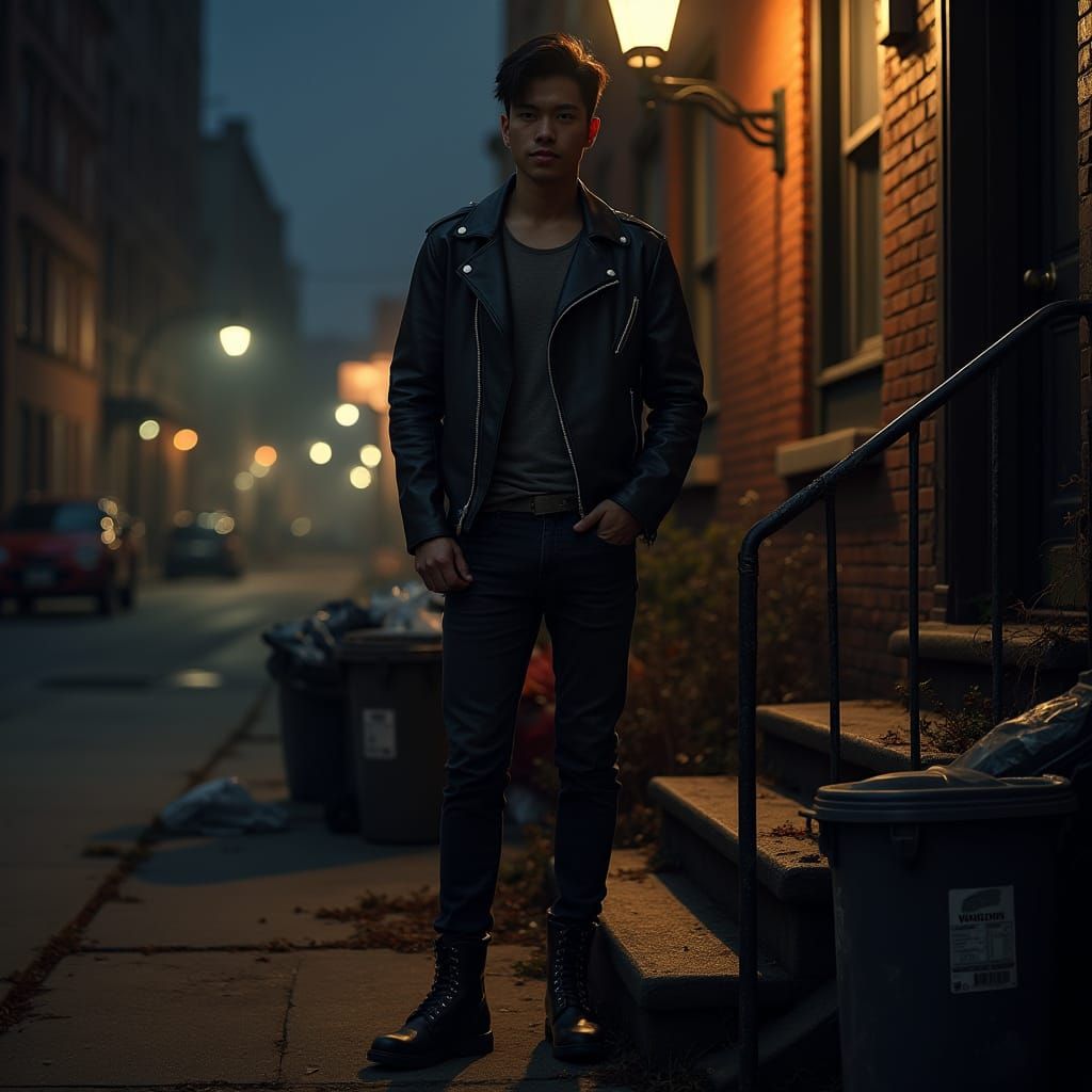 Man in Biker Gear on Urban Stoop