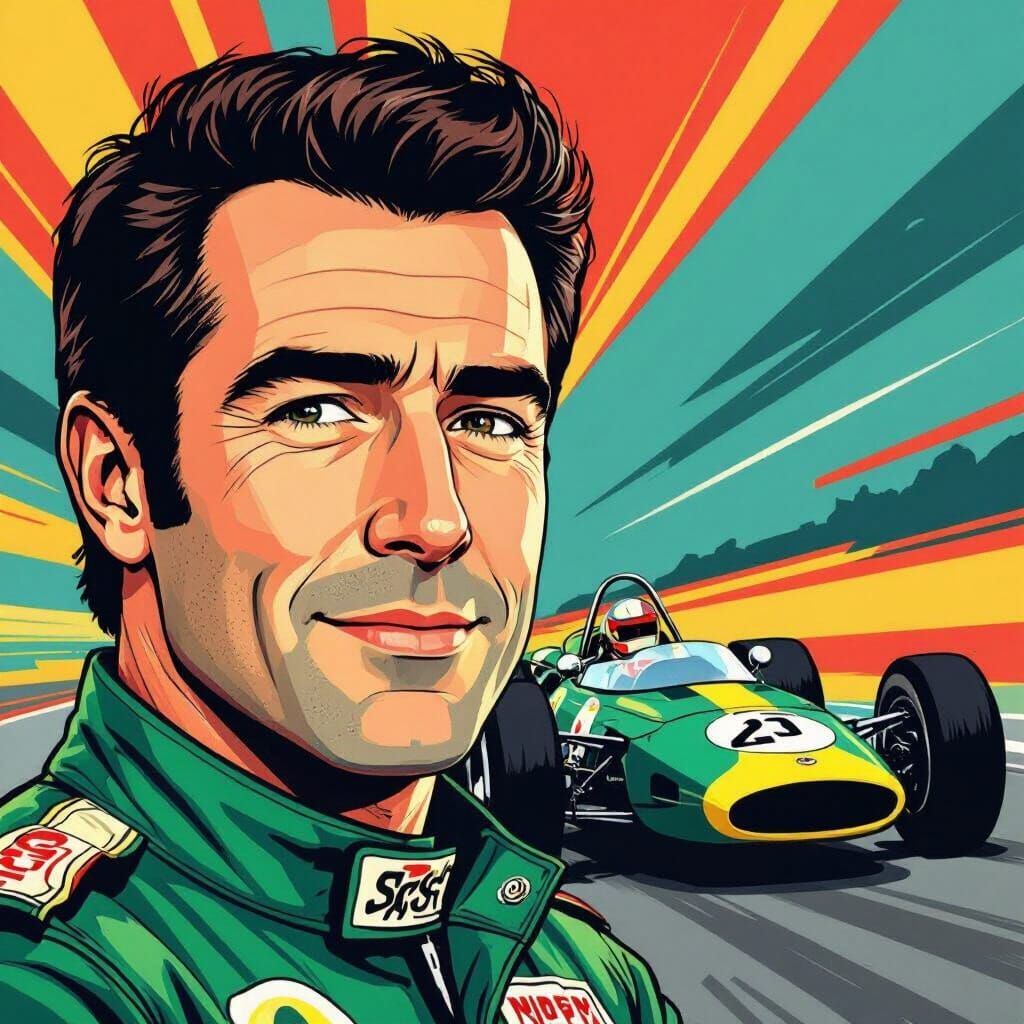 Dynamic Comic Portrait of F1 Driver Jim Clark in Pop Art Sty...