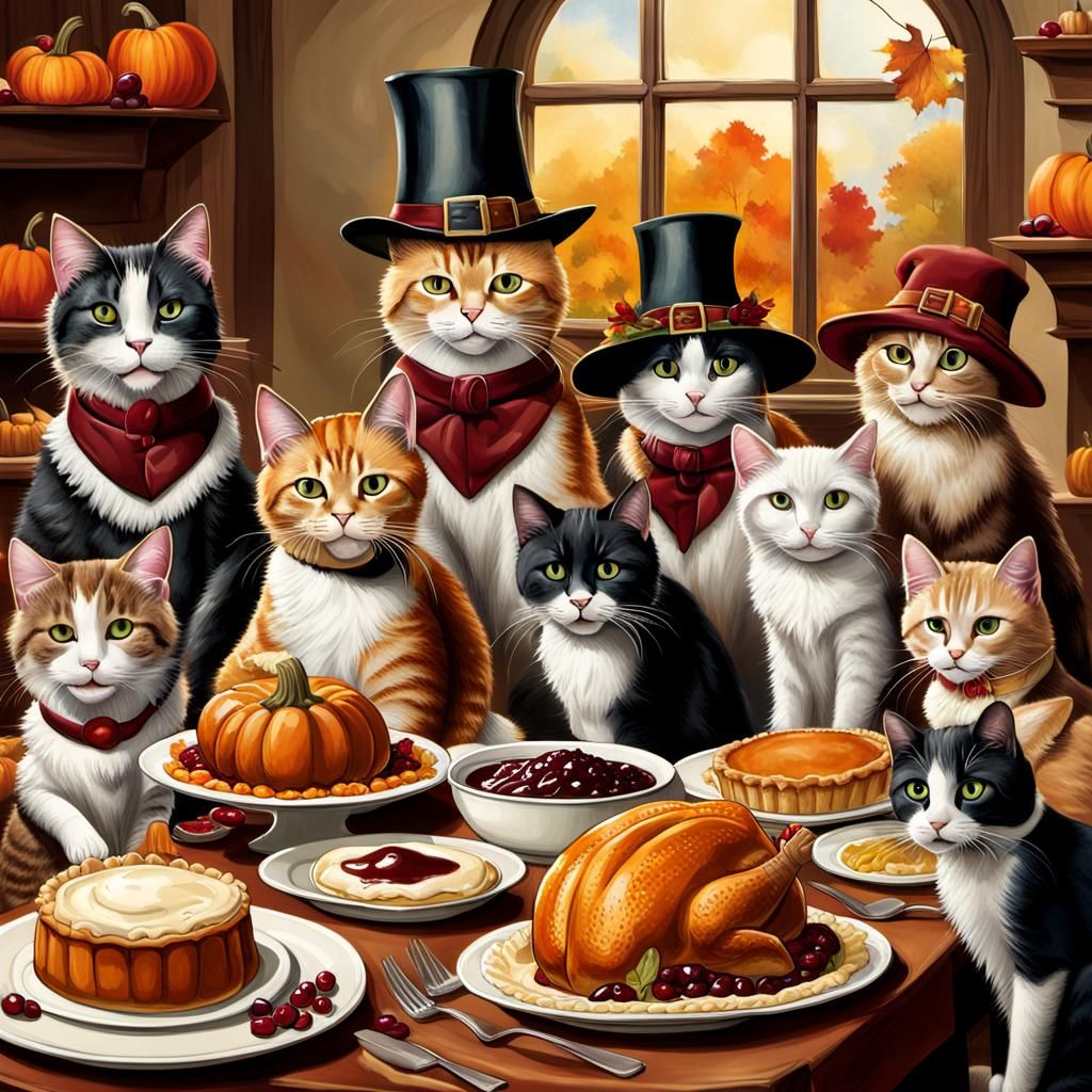 Cats Celebrate Thanksgiving in Pilgrim Hats
