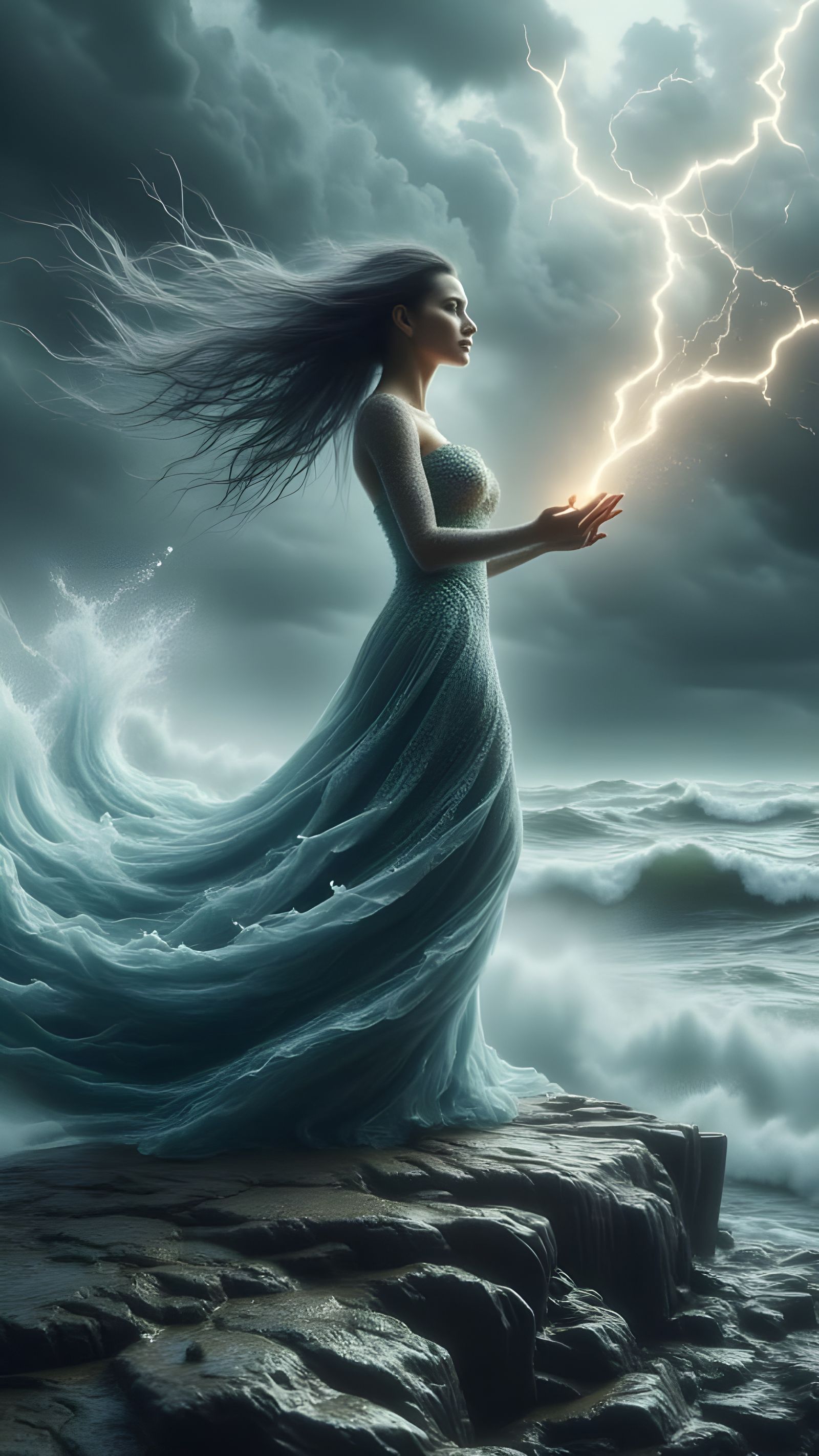Ethereal Sea Goddess Ascends the Stormy Cliffside