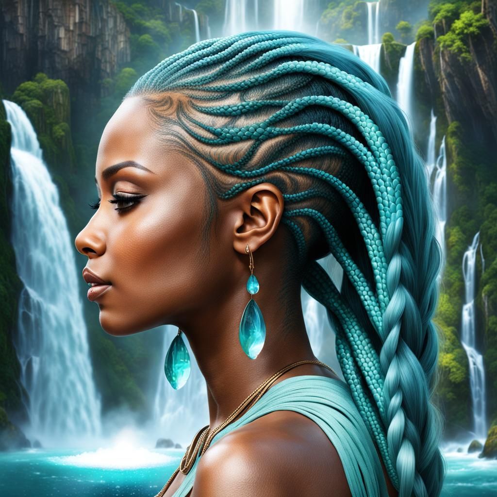 Surreal Waterfall Afro Woman Concept Art