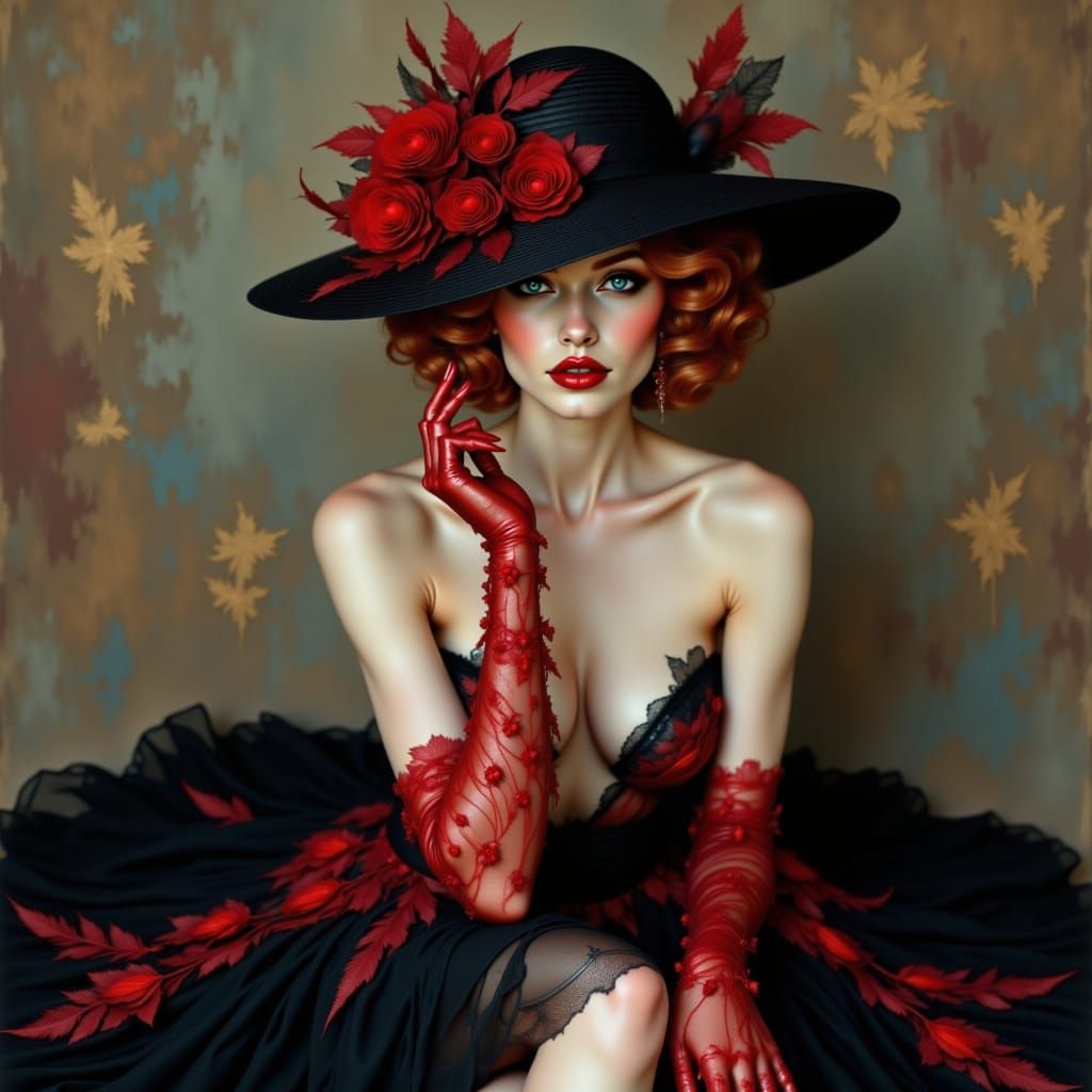 Redhead Fashion Model in Elegant Black Lace Skirt and Hat