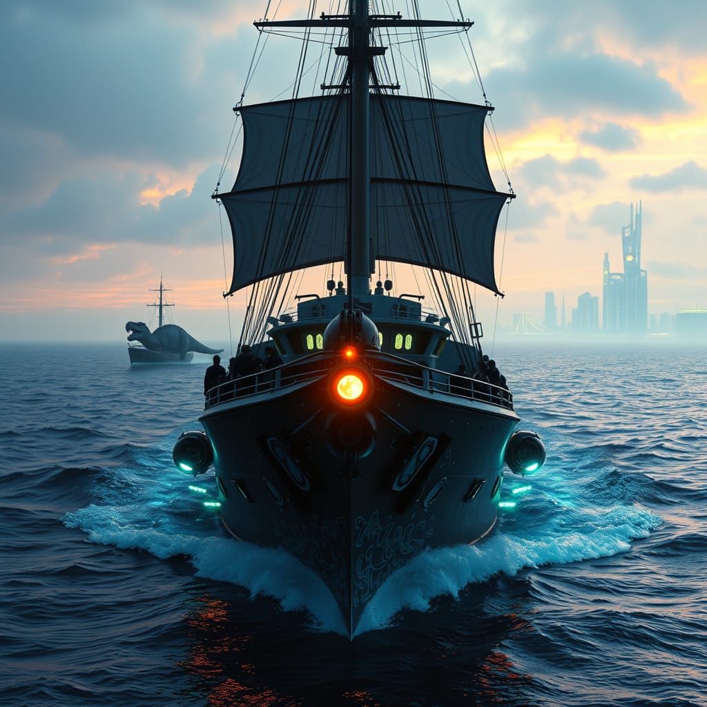 Futuristic Ship Navigates Time-Shifting Ocean