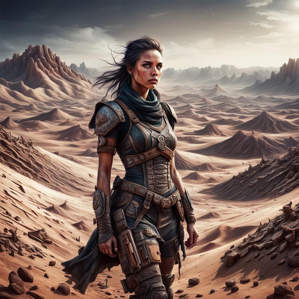 Hyperrealistic Girl in a Desert Wasteland