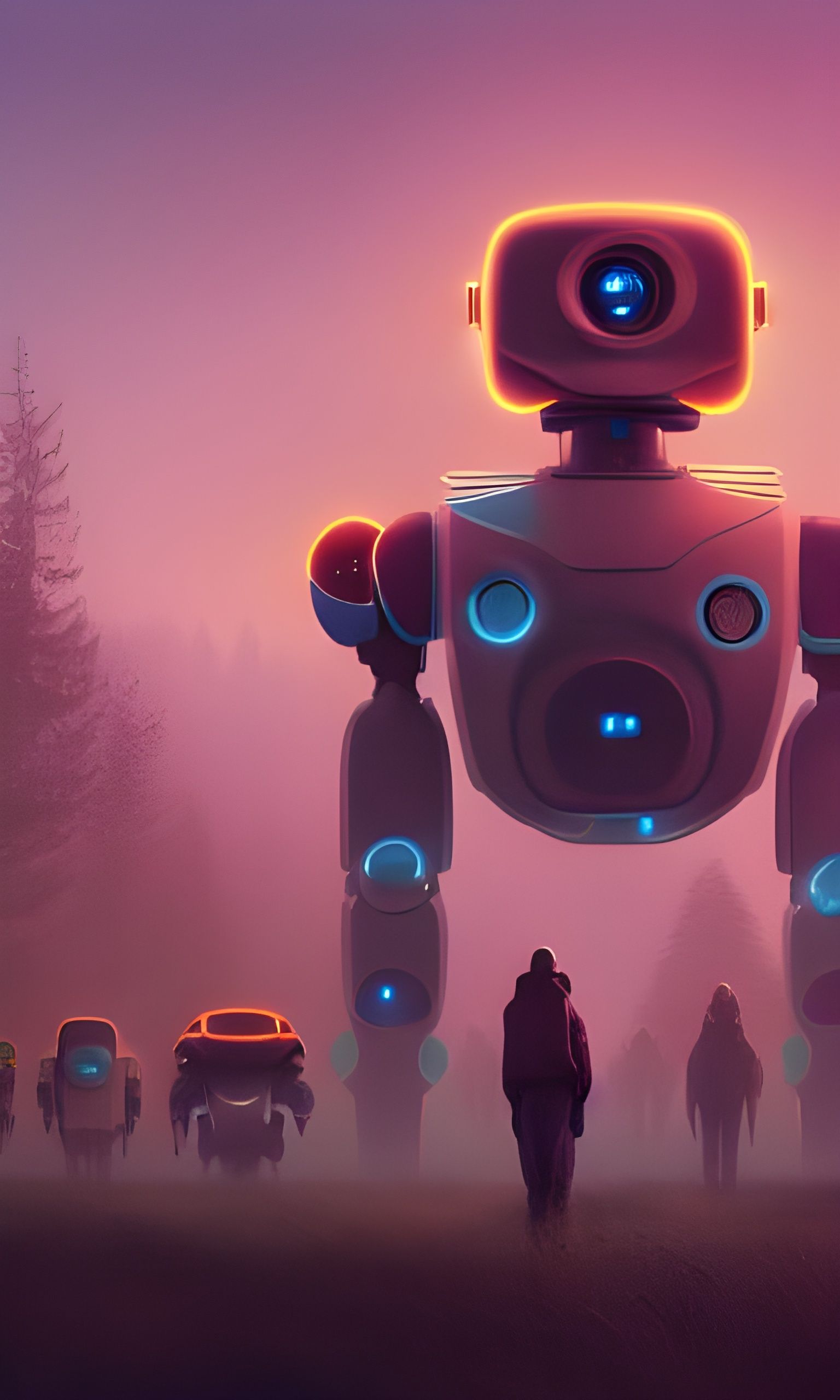 Futuristic Robots in Rustic Landscape, Digital Art