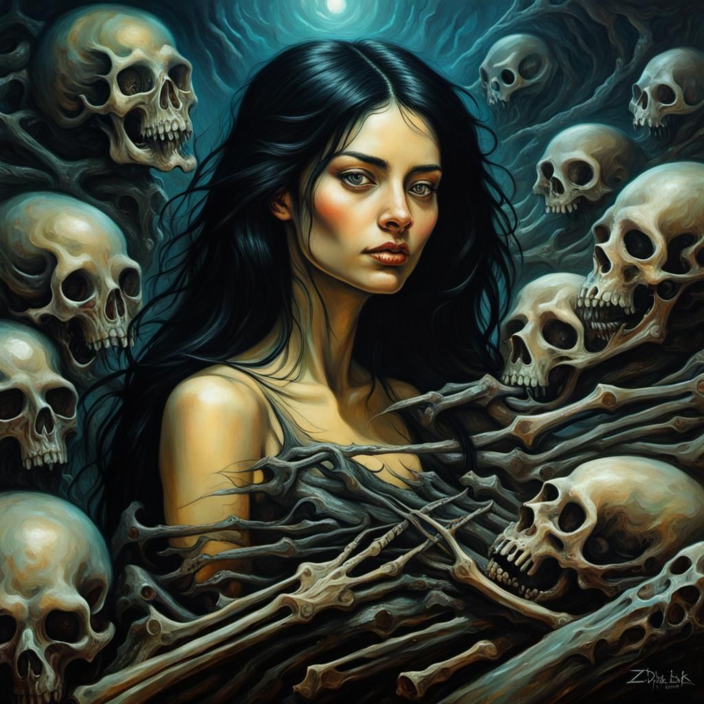 Dark Fantasy Woman in Bones, Oil Painting